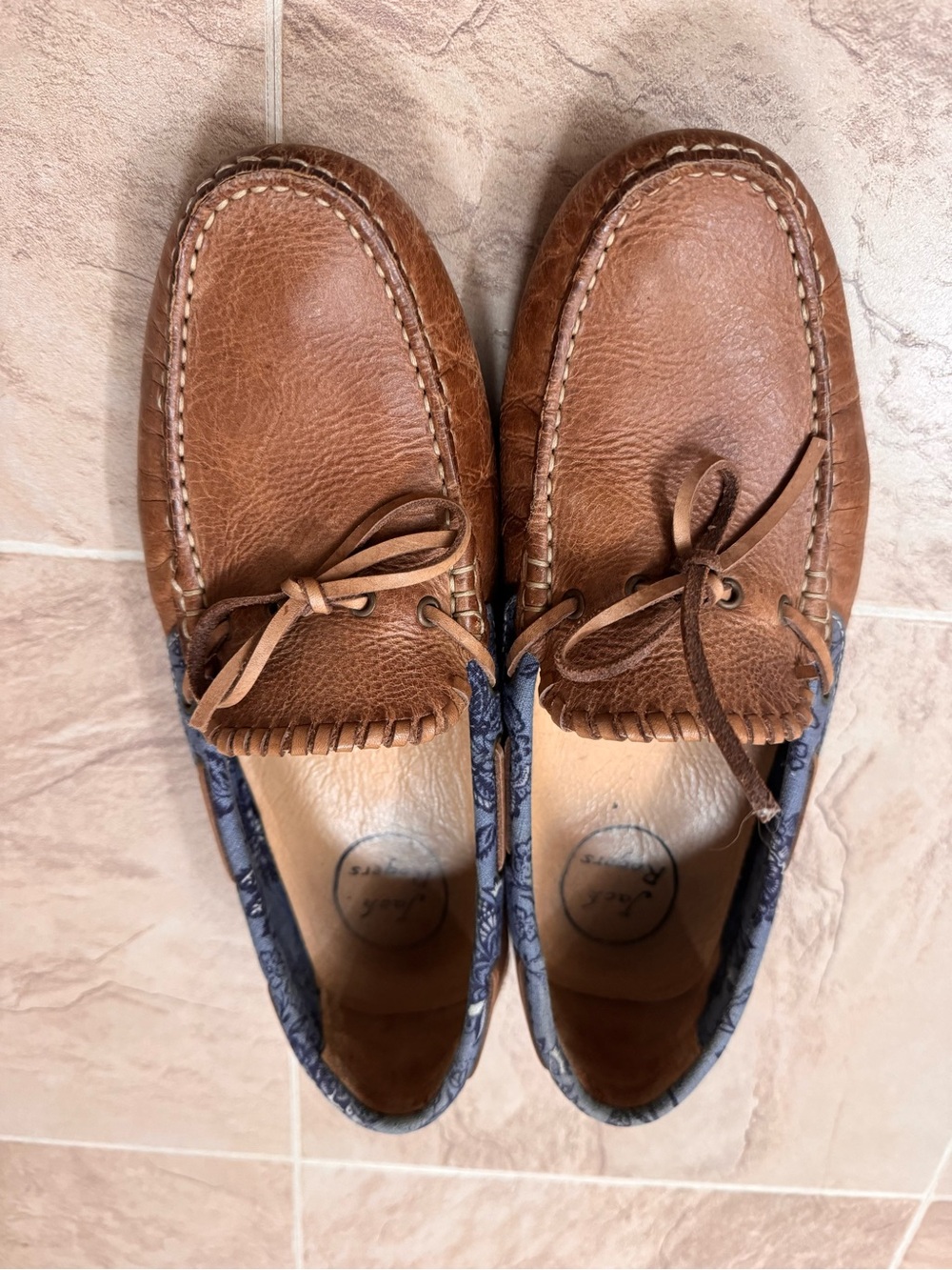 Jack Rogers Brown Leather Boat Moccasins with Blue Pattern Trim